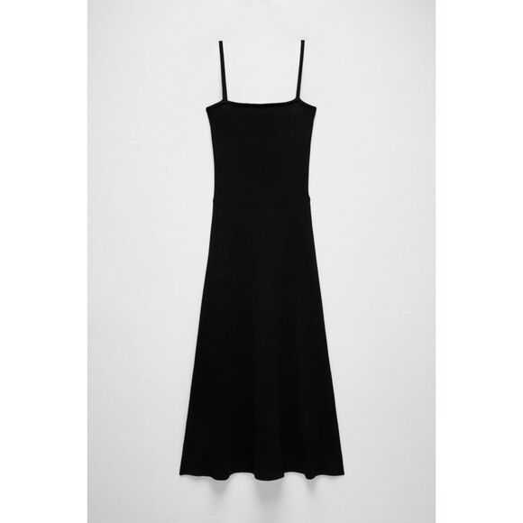Black Zara Square-Neck Fit-and-Flare Spaghetti Strap Pullover Midi Dress (NWT) - Picture 4 of 9